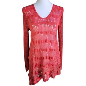 RETRO-ology Open Knit Tunic Women's Medium Fall Layering Asymmetrical Boho Mesh